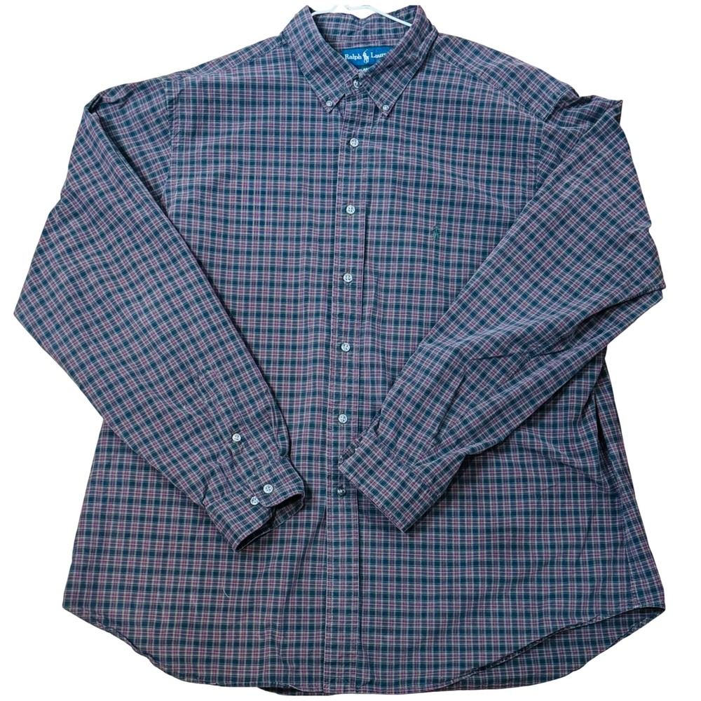 VTG Ralph Lauren Button Down Shirt Plaid Classic Fit Burgundy Green Mens XXL 18